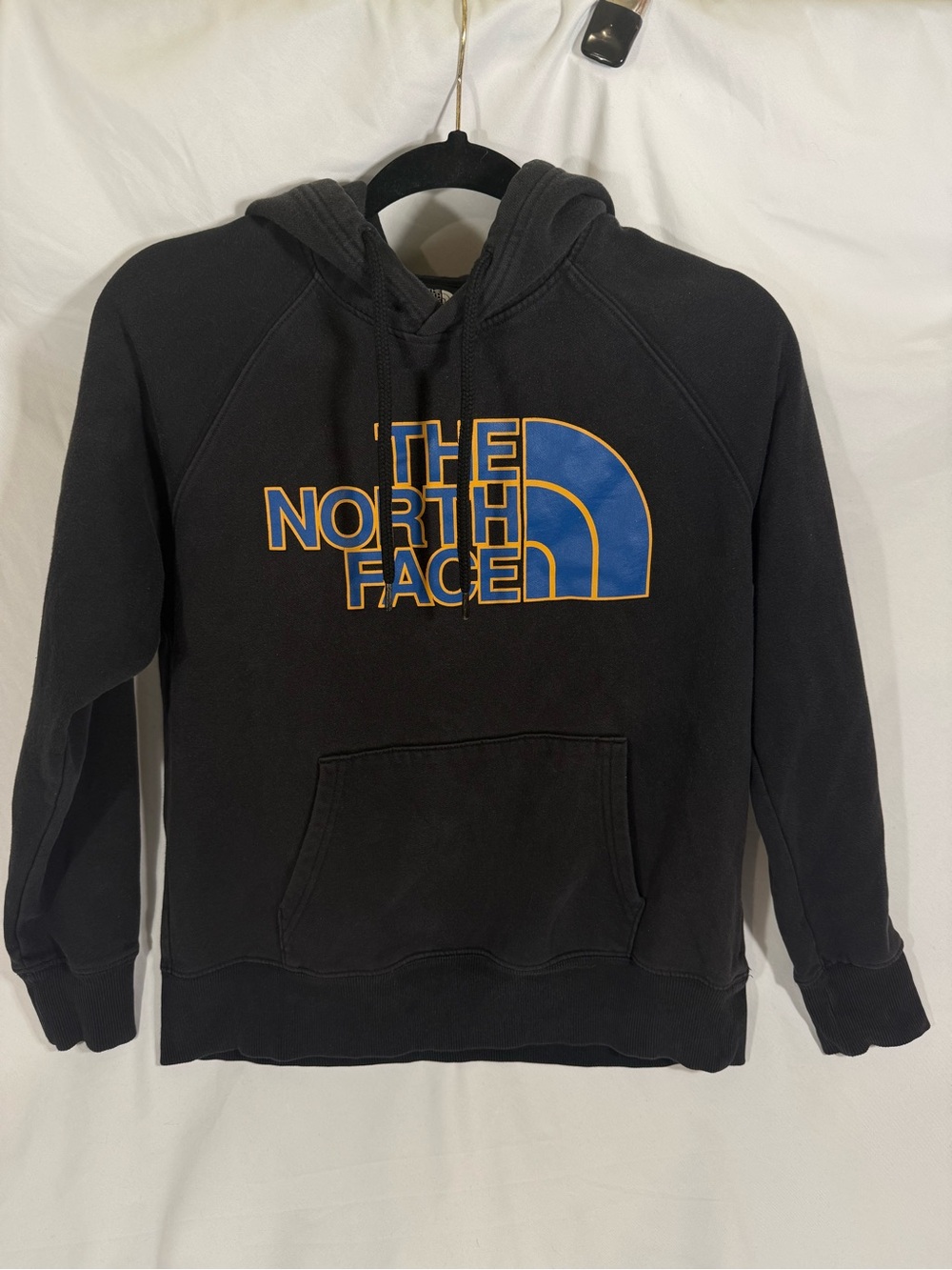 The North Face Men's Black Crewneck Hoodie with Blue and Gold Logo